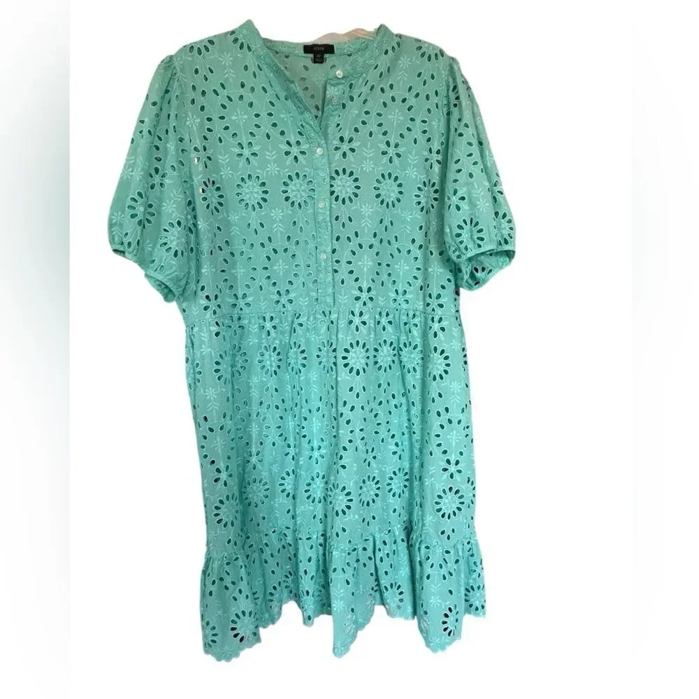 J.Crew Puff Sleeve Eyelet Aqua Blue Tired Dress 22